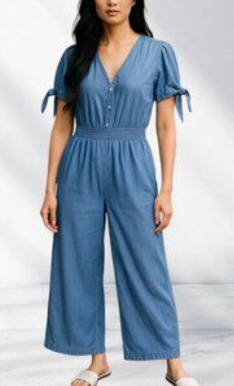 Michael Kors blue chambray tie sleeve gold button wide leg jumpsuit Size Medium